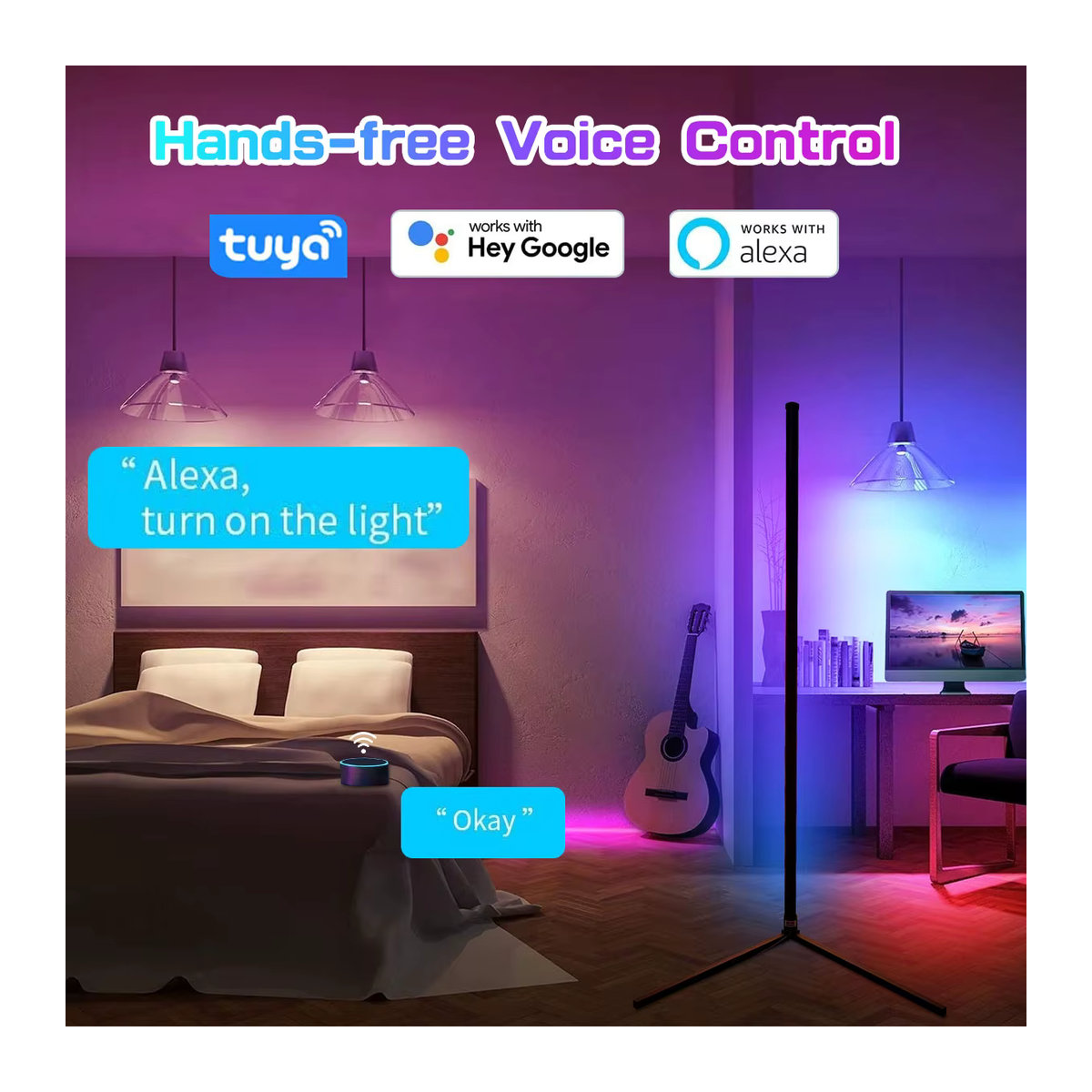 Leclstar Smart Tuya Eck-Stehlampe in Schwarz, dimmbare RGB-LED Standleuchte für moderne Stimmungsbeleuchtung, Höhe: 160 cm - Bild 2
