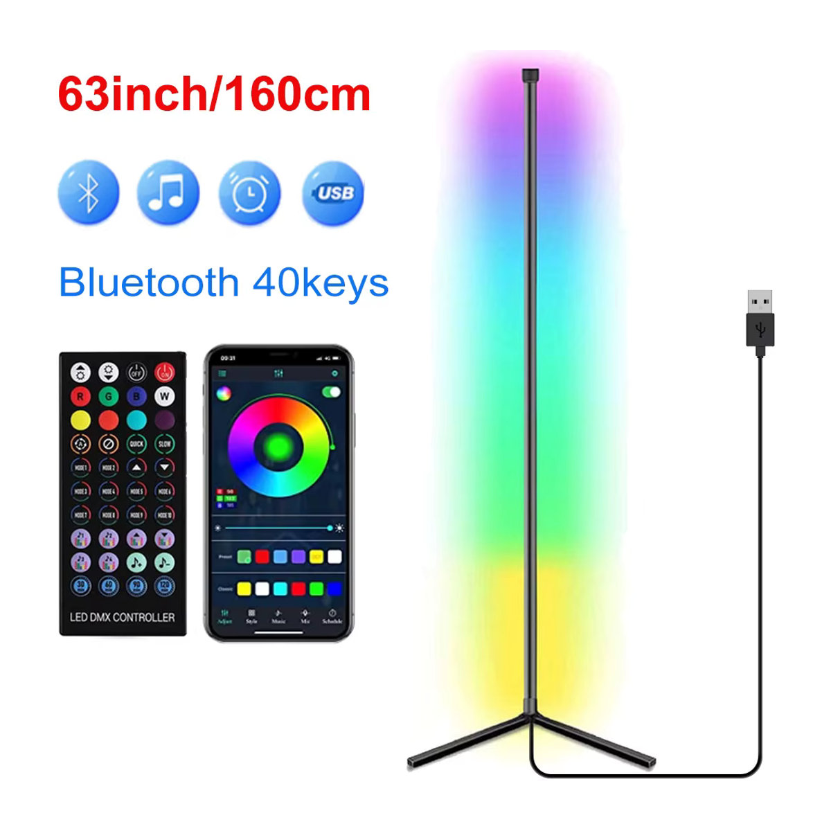 Leclstar Smart Tuya Eck-Stehlampe in Schwarz, dimmbare RGB-LED Standleuchte für moderne Stimmungsbeleuchtung, Höhe: 160 cm - Bild 6