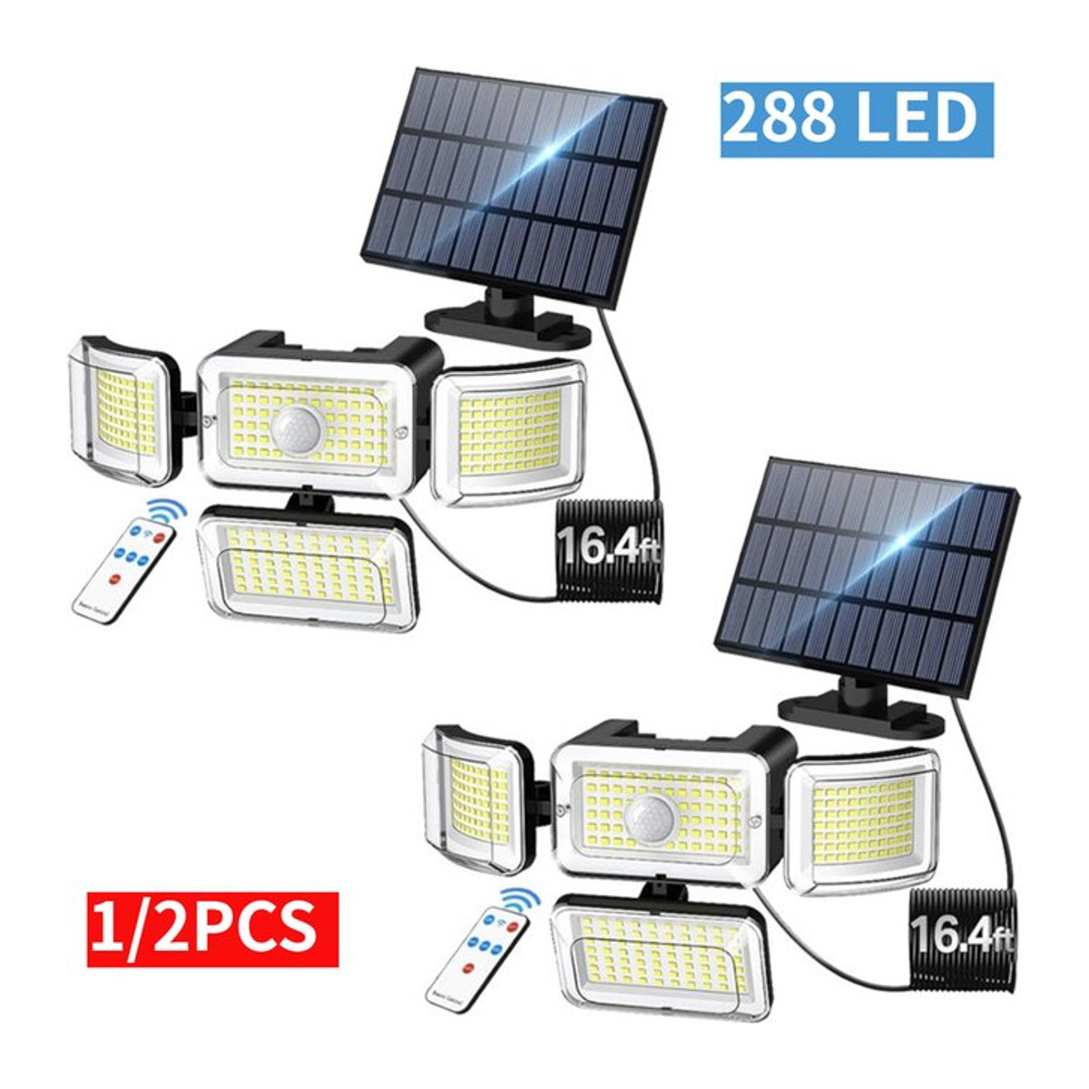 Leclstar Solar-Außenstrahler mit 288 LED und Bewegungsmelder in Schwarz mit 4 Modi und 4 Köpfen - Bild 1