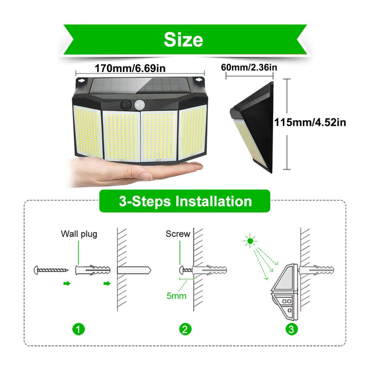 Leclstar Solar-LED-Wandleuchte für den Außenbereich mit Bewegungsmelder und 3 Modi, Schwarz, Modern - Bild 6