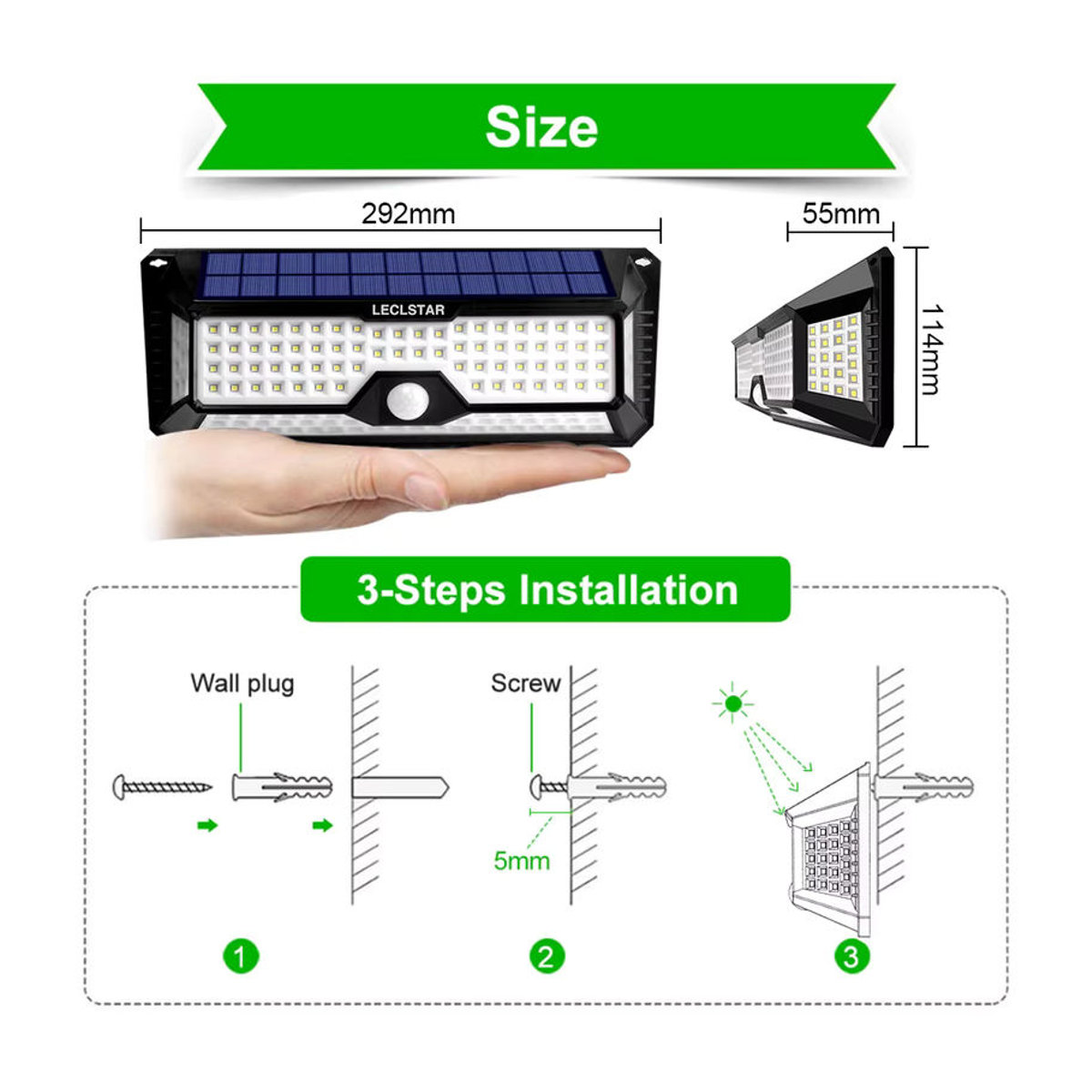 Leclstar Solar-LED-Wandleuchte mit 268 LEDs und Bewegungsmelder, IP65 wasserdicht, Schwarz - Bild 5