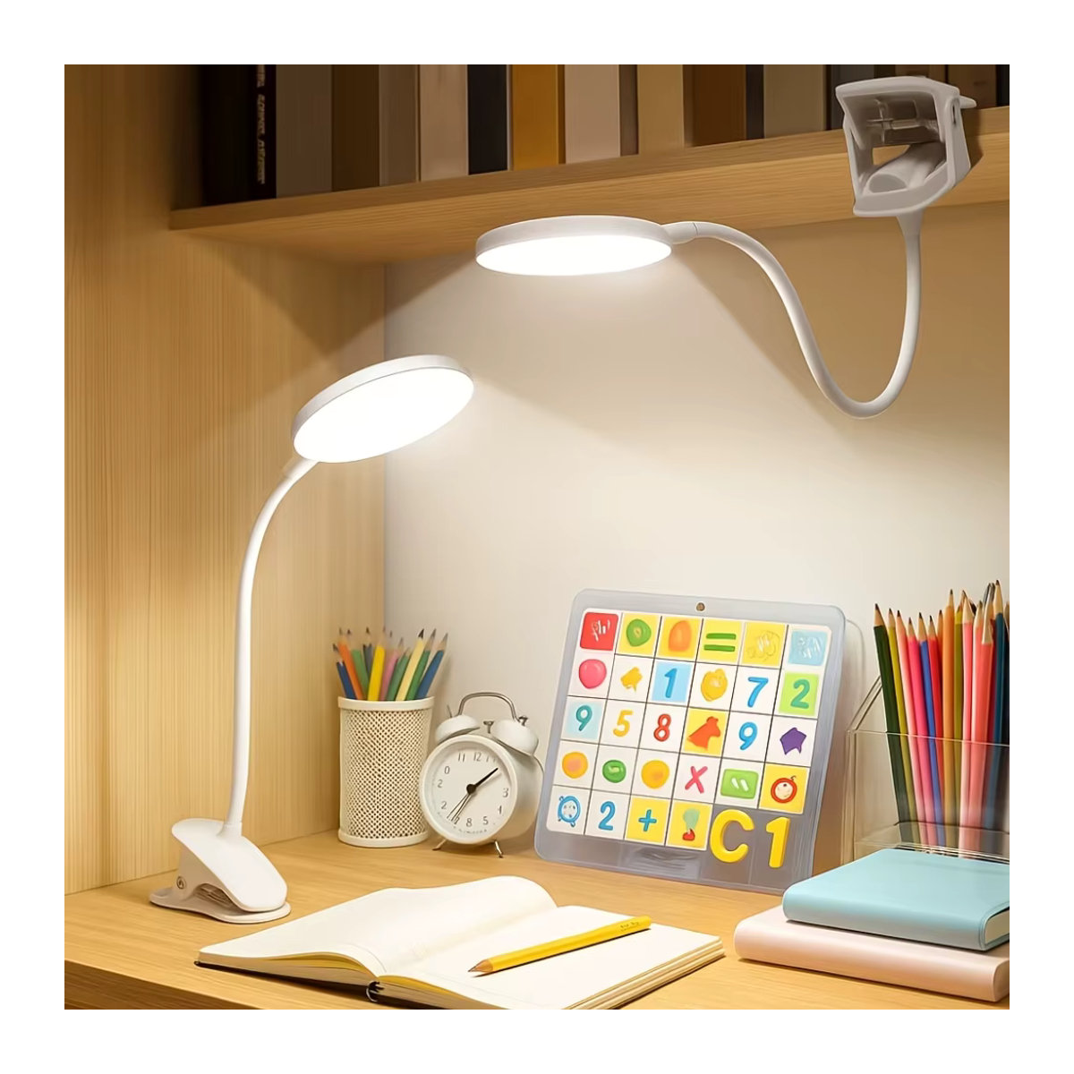 Leclstar USB-aufladbare LED Clip-On Tischlampe mit Dimm-Touch-Schalter und Augenschutz in Weiß - Bild 2