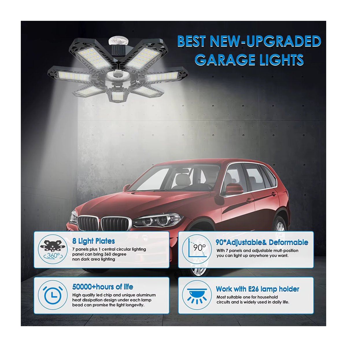 Leclstar Verformbare LED-Garagenleuchte mit 7+1 einstellbaren Panels, E27 Fassung, Aluminium Gehäuse - Bild 4