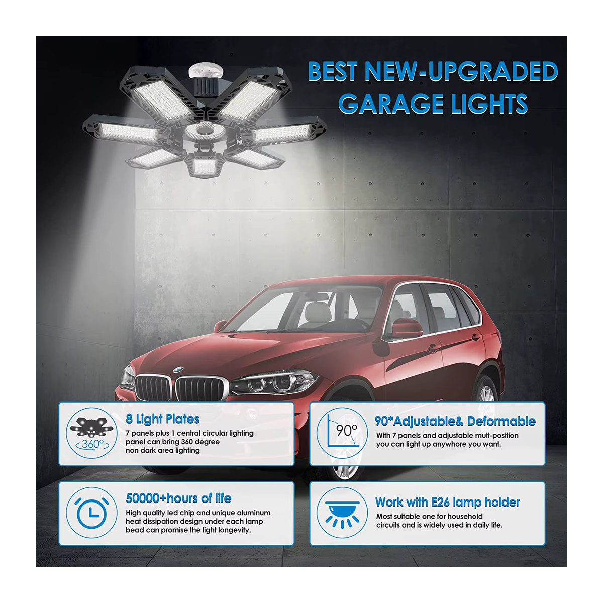 Leclstar Verformbare LED-Garagenleuchte mit verstellbaren Panels, Deckenlampe in Schwarz aus Aluminium mit E27 Fassung - Bild 3