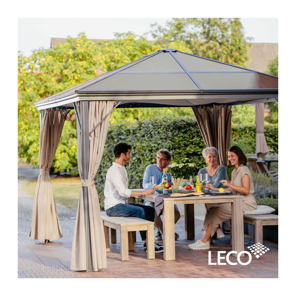 Leco Profi-Pavillon Metall-Gartenüberdachung mit braunem Dach und Seitenteilen in Natur, B/T: 365 x 300 cm - Bild 1