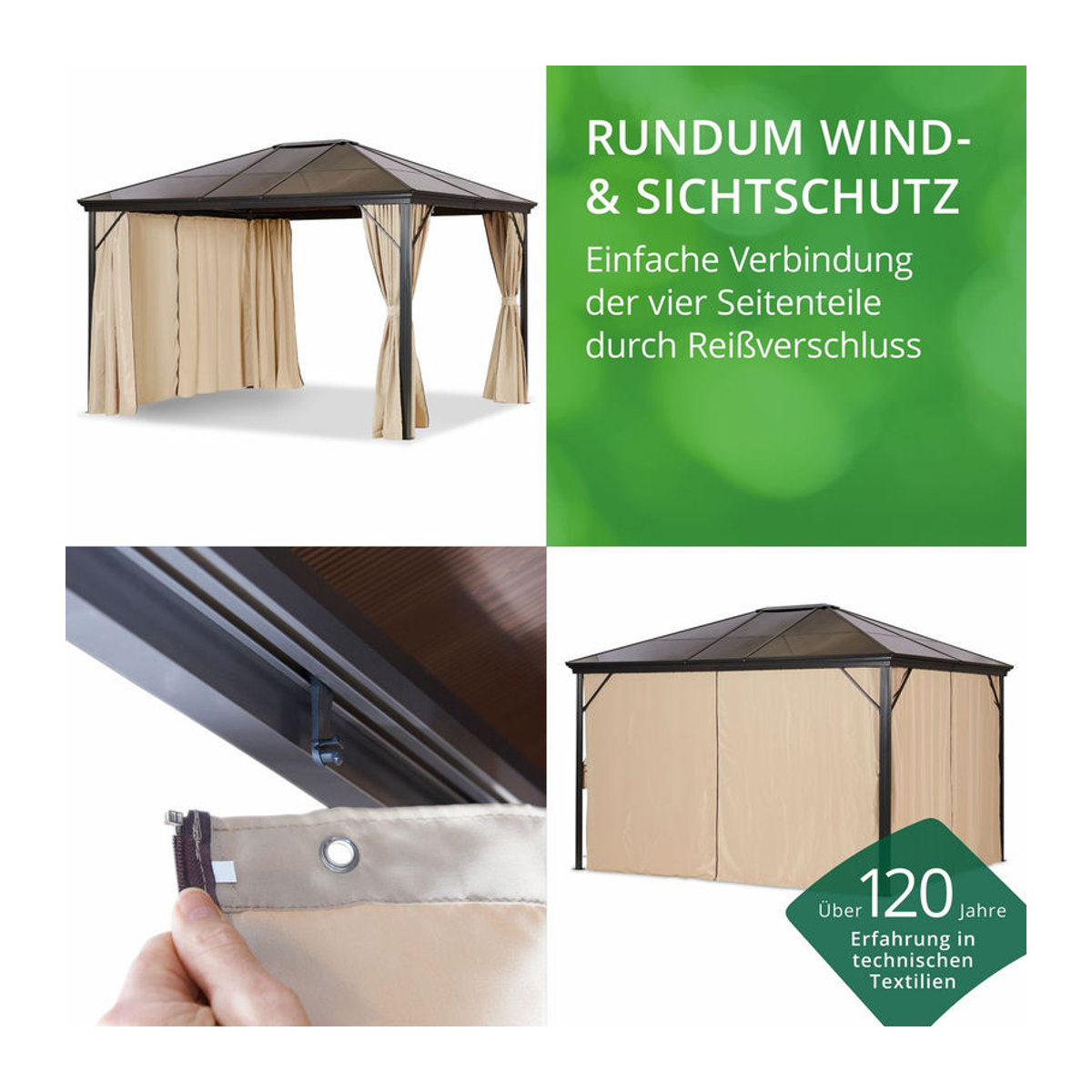 Leco Profi-Pavillon Metall-Gartenüberdachung mit braunem Dach und Seitenteilen in Natur, B/T: 365 x 300 cm - Bild 3