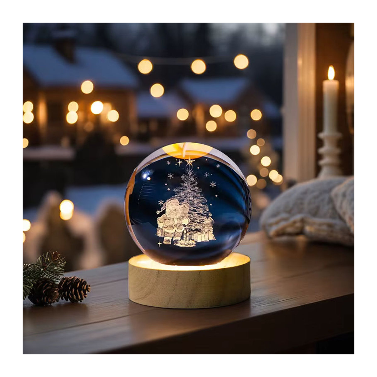 LED 3D Kristallkugel Nachtlicht mit graviertem Weihnachtsmann und Schneemann in Bunt auf Holzsockel als skandinavische Kugelleuchte aus Glas - Bild 3