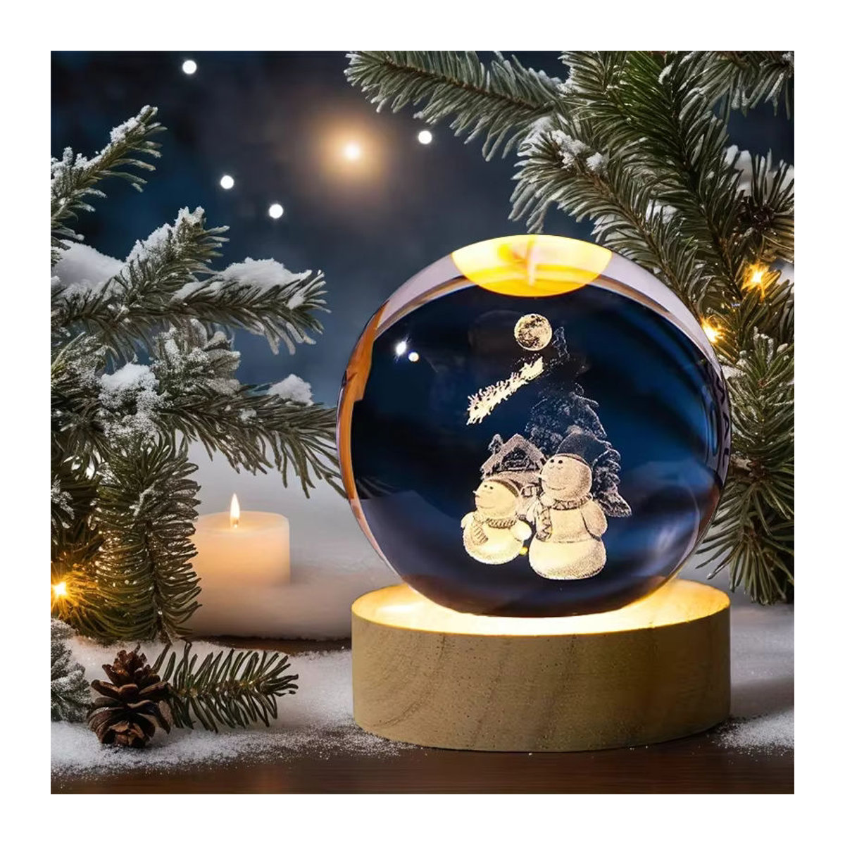 LED 3D Kristallkugel Nachtlicht mit graviertem Weihnachtsmann und Schneemann in Bunt auf Holzsockel als skandinavische Kugelleuchte aus Glas - Bild 4