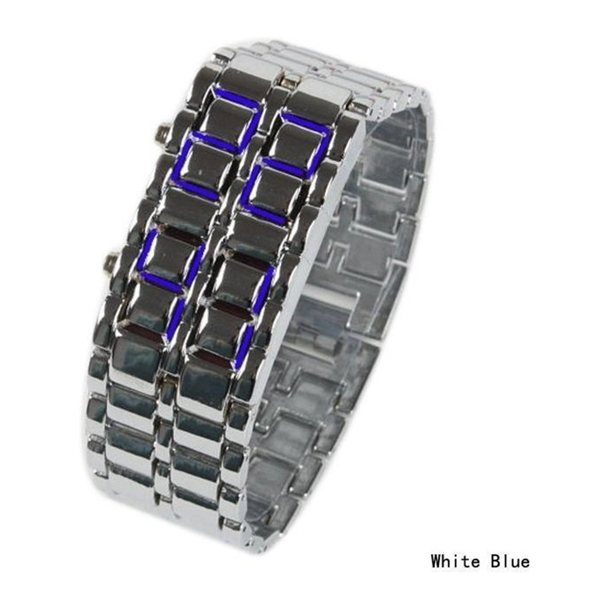 LED-Digitaluhr im Lava-Stil aus Metall mit rundem Gehäuse und schwarzem Armband in Blau/Silber/Schwarz - Bild 1