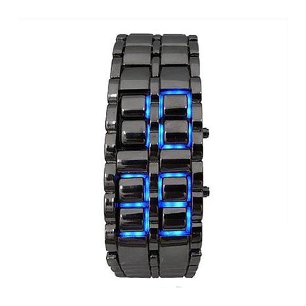 LED-Digitaluhr im Lava-Stil aus Metall mit rundem Gehäuse und schwarzem Armband in Rot/Weiß - Bild 1