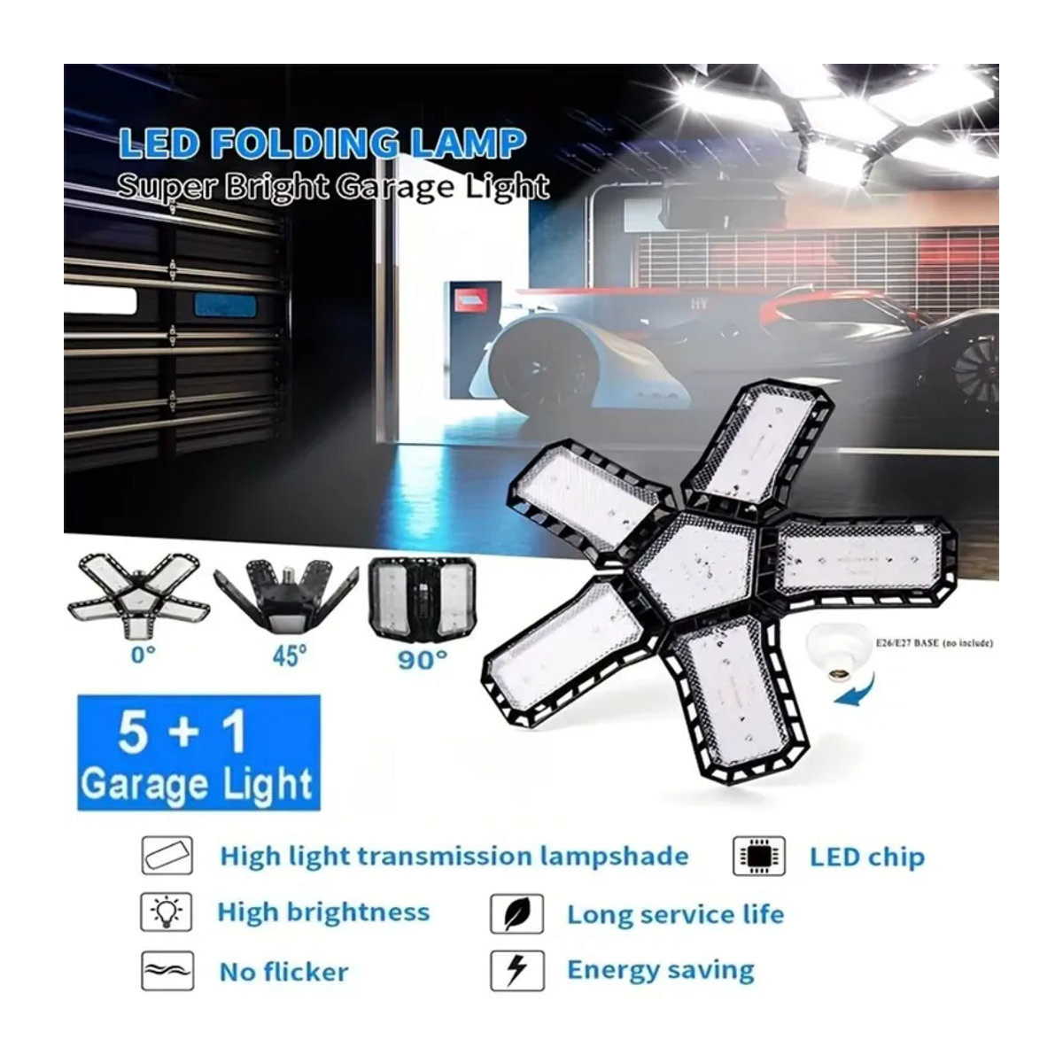 LED-Garagenleuchten mit 5+1 verstellbaren Paneelen für E27 Fassung, superhelle industrielle Deckenlampe in Schwarz - Bild 2