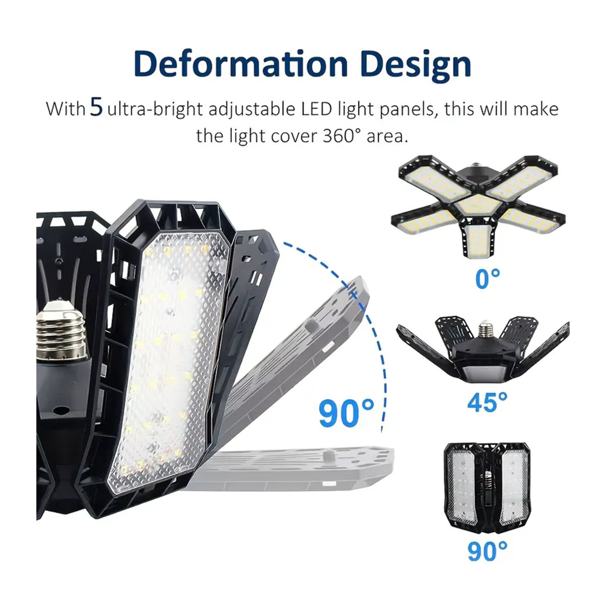 LED-Garagenleuchten mit 5+1 verstellbaren Paneelen für E27 Fassung, superhelle industrielle Deckenlampe in Schwarz - Bild 4