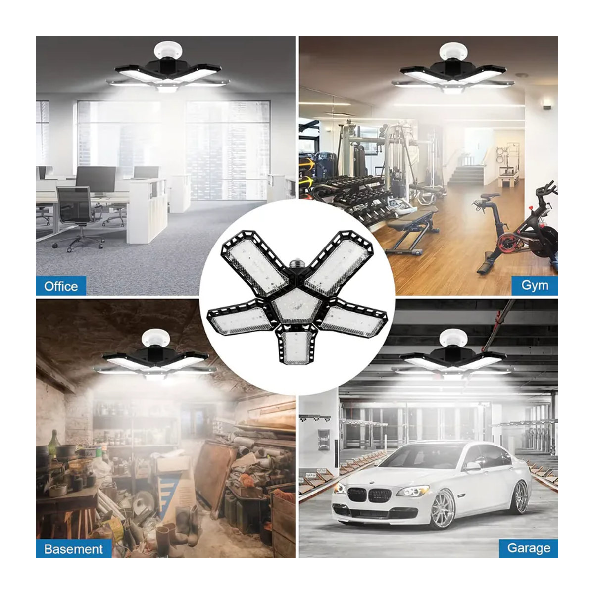 LED-Garagenleuchten mit 5+1 verstellbaren Paneelen für E27 Fassung, superhelle industrielle Deckenlampe in Schwarz - Bild 5