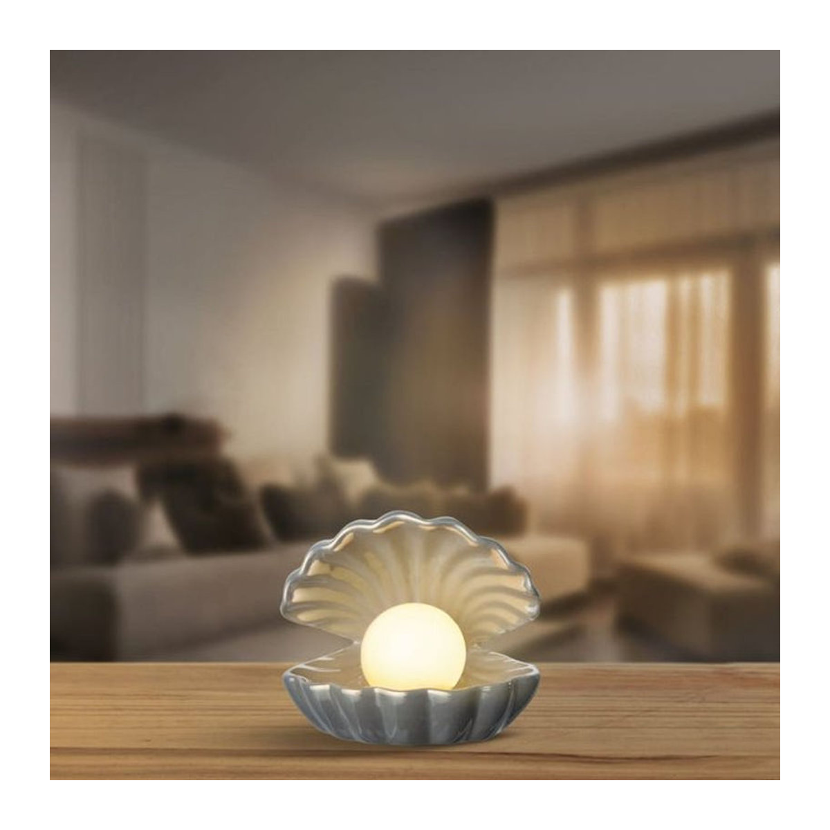 LED-Muschel aus Keramik in Grau und Weiß mit warmweißem Licht, B/T/H: 15 x 15 x 14 cm - Bild 1