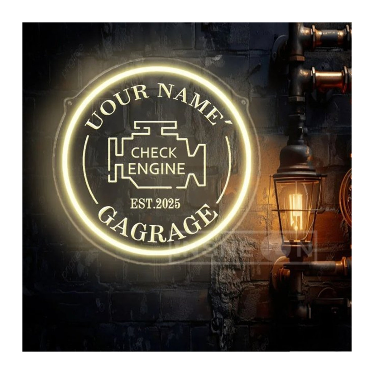 LED Neonschild Check Engine in Weiß als USB-Wandleuchte für Garage und Ausstellungsräume - Bild 1