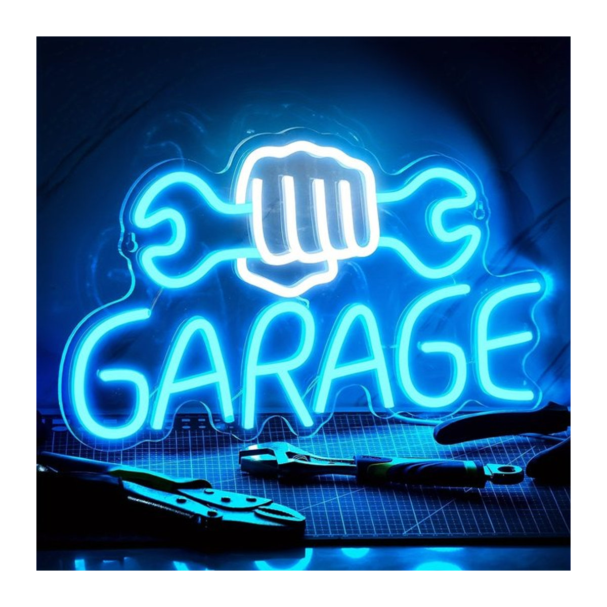 LED-Neonschild in Schraubenschlüsselform als Wanddekoration für Garage und Werkstatt in Weiß und Blau mit USB-Anschluss - Bild 1
