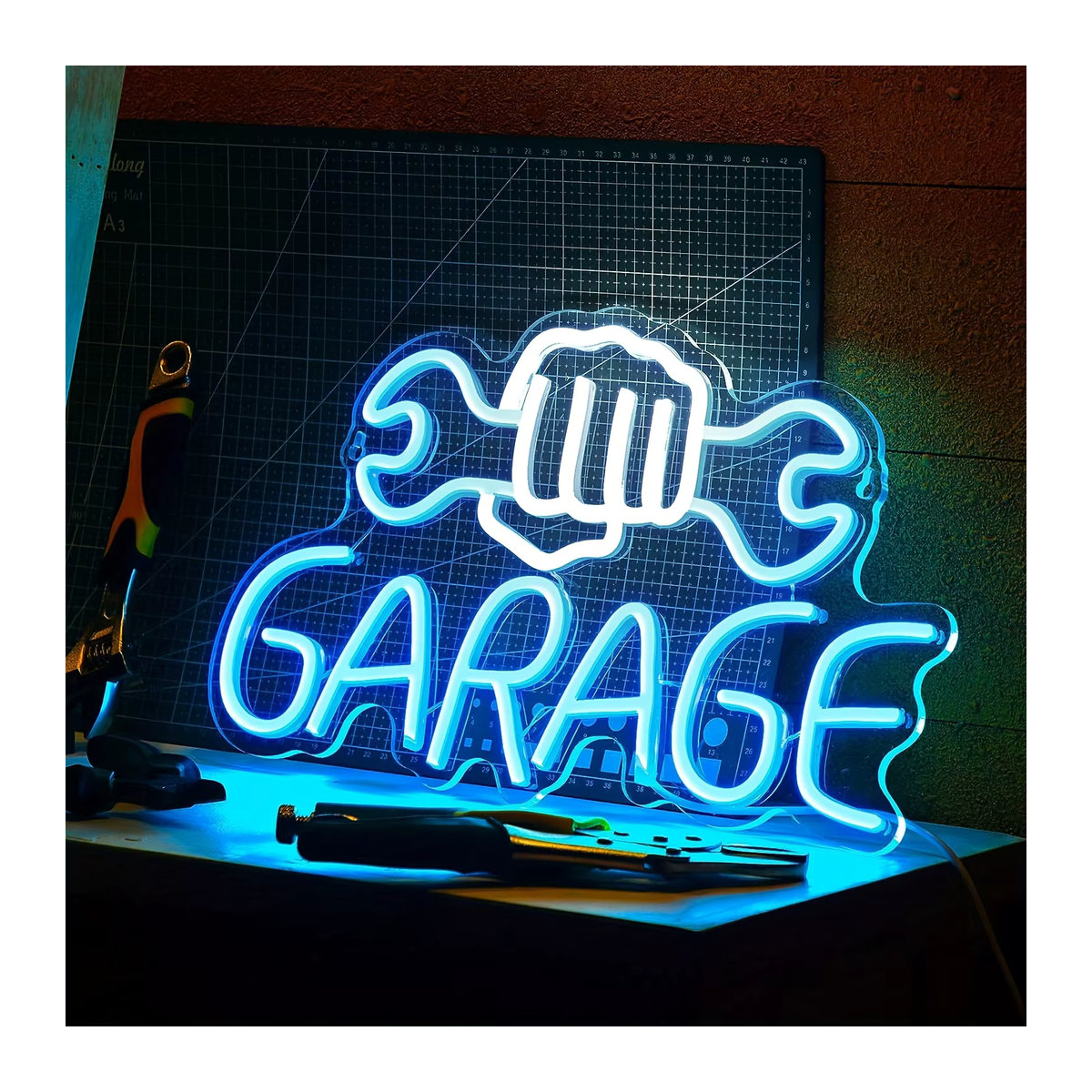LED-Neonschild in Schraubenschlüsselform als Wanddekoration für Garage und Werkstatt in Weiß und Blau mit USB-Anschluss - Bild 2