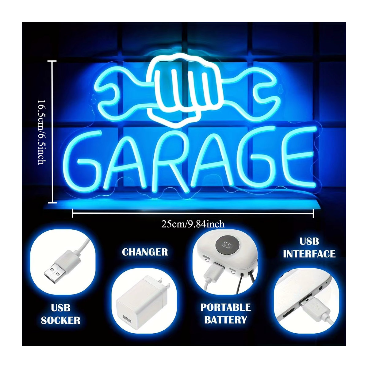 LED-Neonschild in Schraubenschlüsselform als Wanddekoration für Garage und Werkstatt in Weiß und Blau mit USB-Anschluss - Bild 4