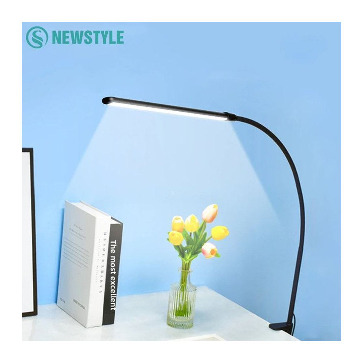 LED Schreibtischlampe in Schwarz mit flexiblem Schwanenhals und Klemme, 10 Helligkeitsstufen und 3 Beleuchtungsmodi, minimalistisches Design aus Aluminium für deinen Schreibtisch - Bild 1