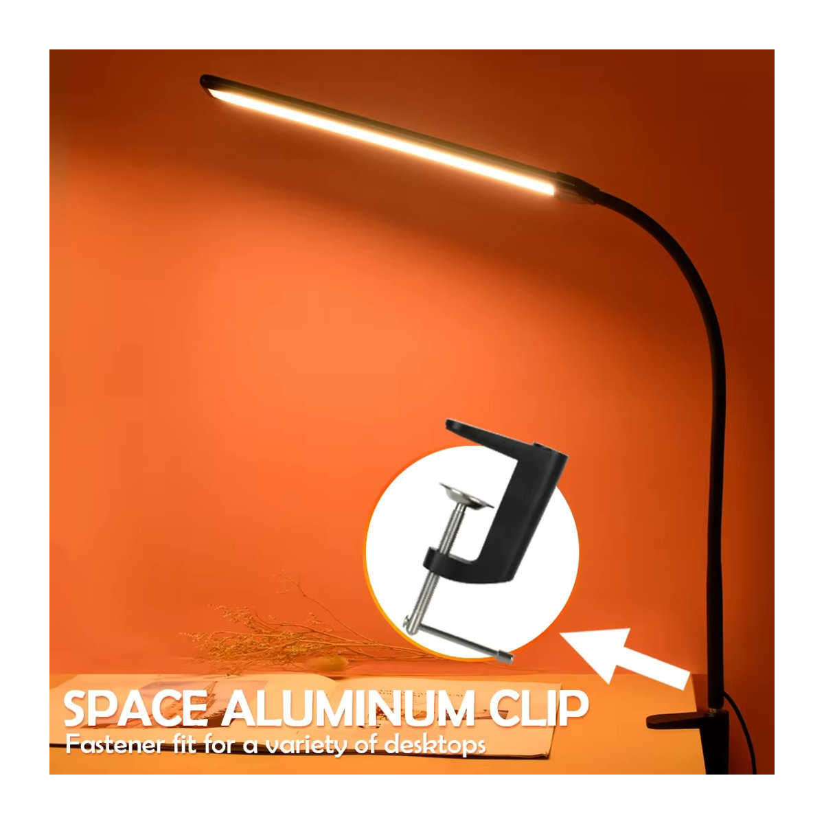LED Schreibtischlampe in Schwarz mit flexiblem Schwanenhals und Klemme, 10 Helligkeitsstufen und 3 Beleuchtungsmodi, minimalistisches Design aus Aluminium für deinen Schreibtisch - Bild 3