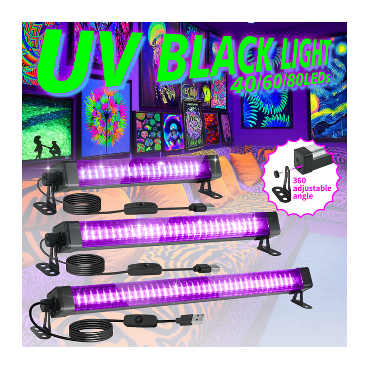 LED Schwarzlichtröhre UV-Lampe mit Schalter und 360-Grad-Drehung für Partys und Körperkunst in Schwarz - Bild 1