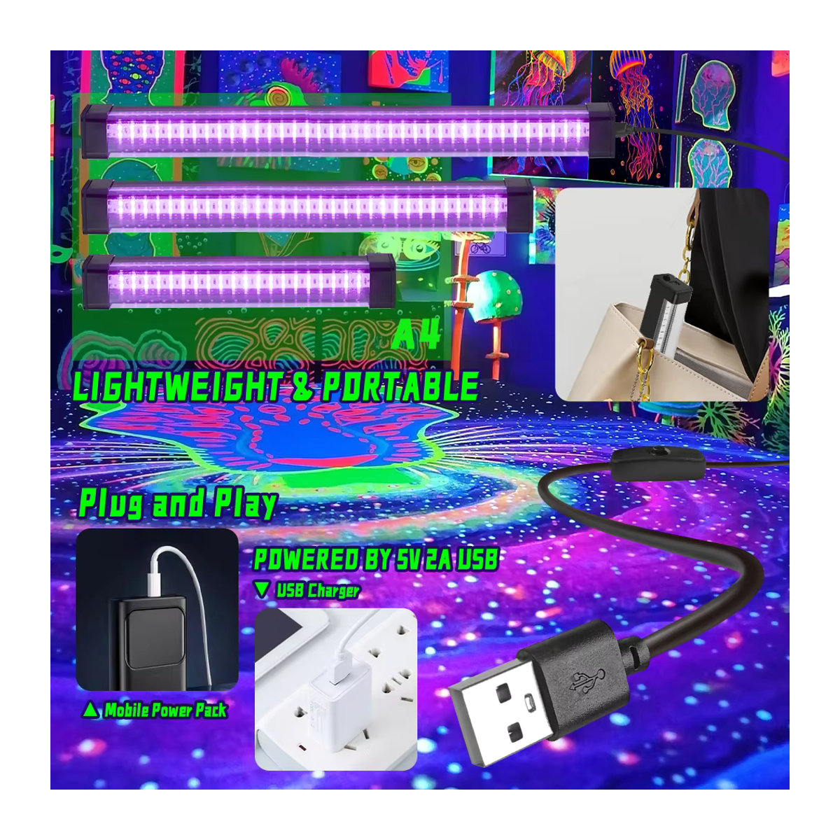 LED Schwarzlichtröhre UV-Lampe mit Schalter und 360-Grad-Drehung für Partys und Körperkunst in Schwarz - Bild 4