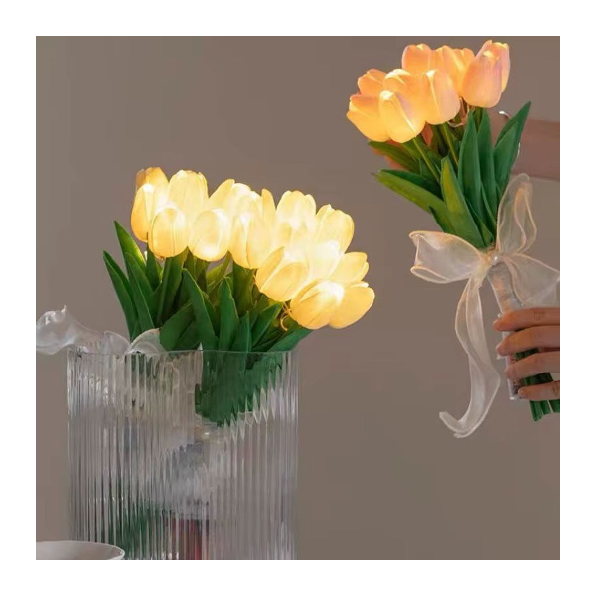LED-Tulpenstrauß aus PU-Kunststoff als künstliche Blumen-Dekoration mit Nachtlicht in Gelb - Bild 2