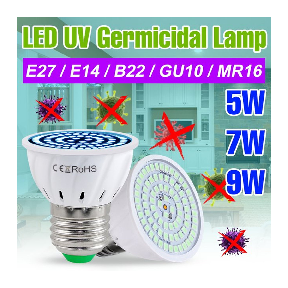 LED UVC Sterilisationslampe zur Desinfektion mit Wellenlänge 260-280nm für E27 E14 GU10 MR16 B22 Fassungen 220V - Bild 1