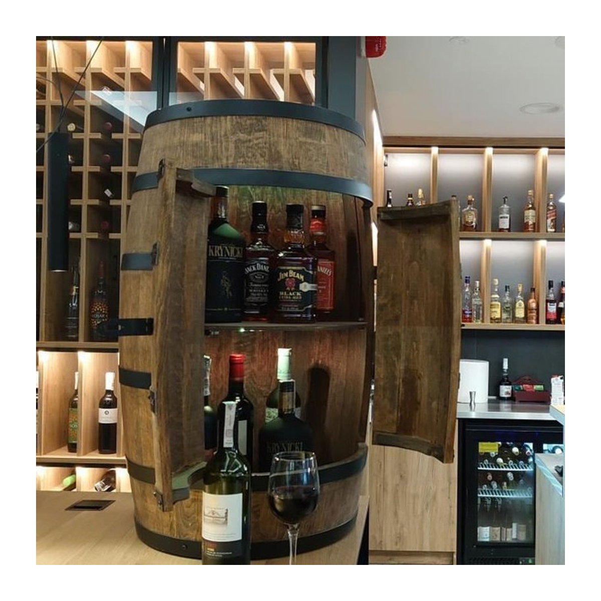 LED Weinregal CreativeCooper Holzfass mit Türen in Wenge Braun im Landhausstil B/H: 80 x 50 cm - Bild 1