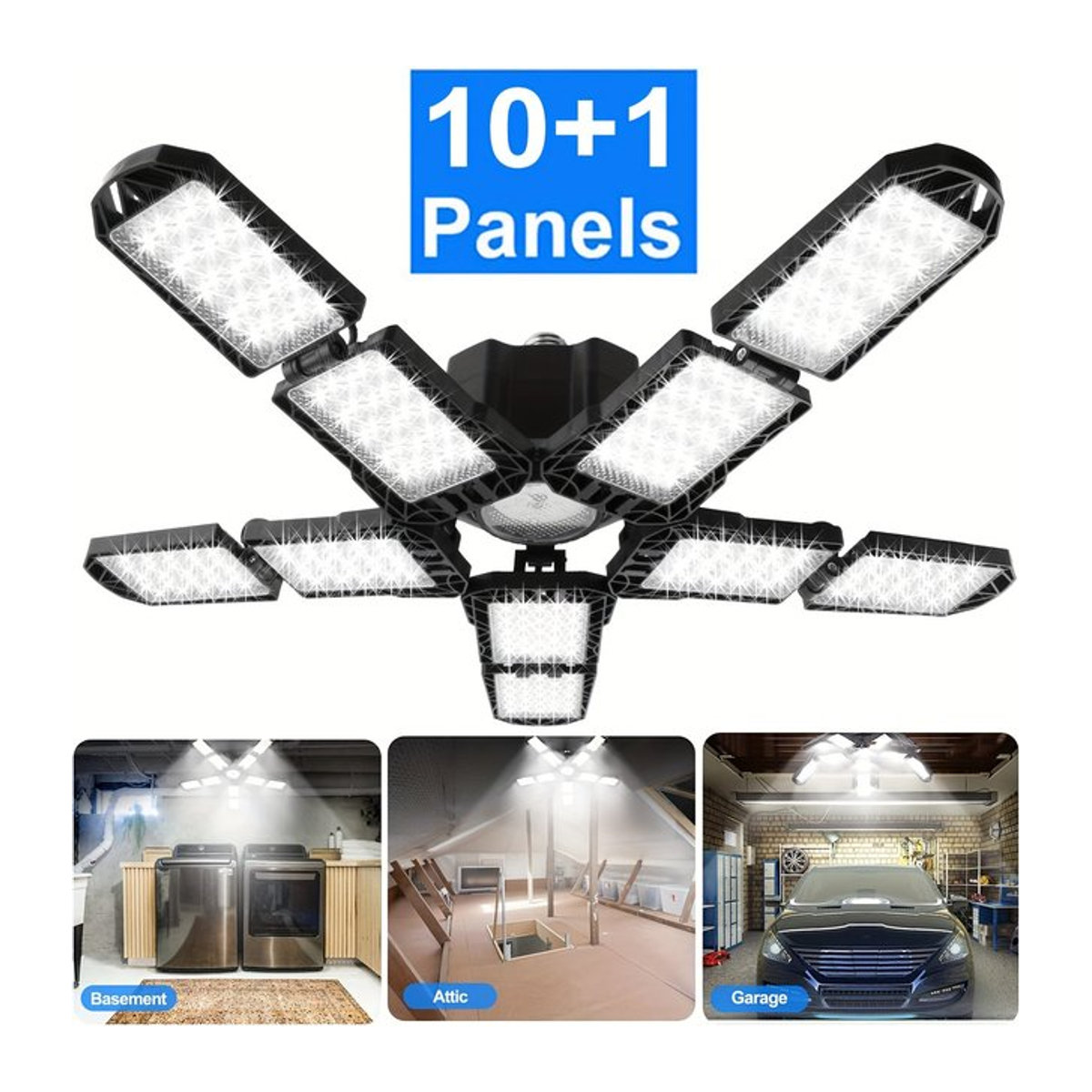 ledcbet LED-Garagenleuchte mit verstellbaren Paneelen als superhelle E27 Deckenlampe für Werkstatt und Keller in Schwarz - Bild 1