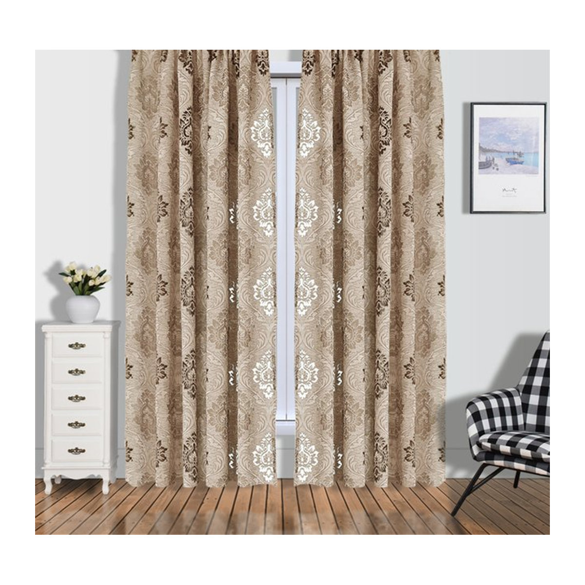 LEEJOOM Blumen-Jacquard-Vorhang in Braun im europäischen Stil für Wohnzimmer und Balkon - Bild 1