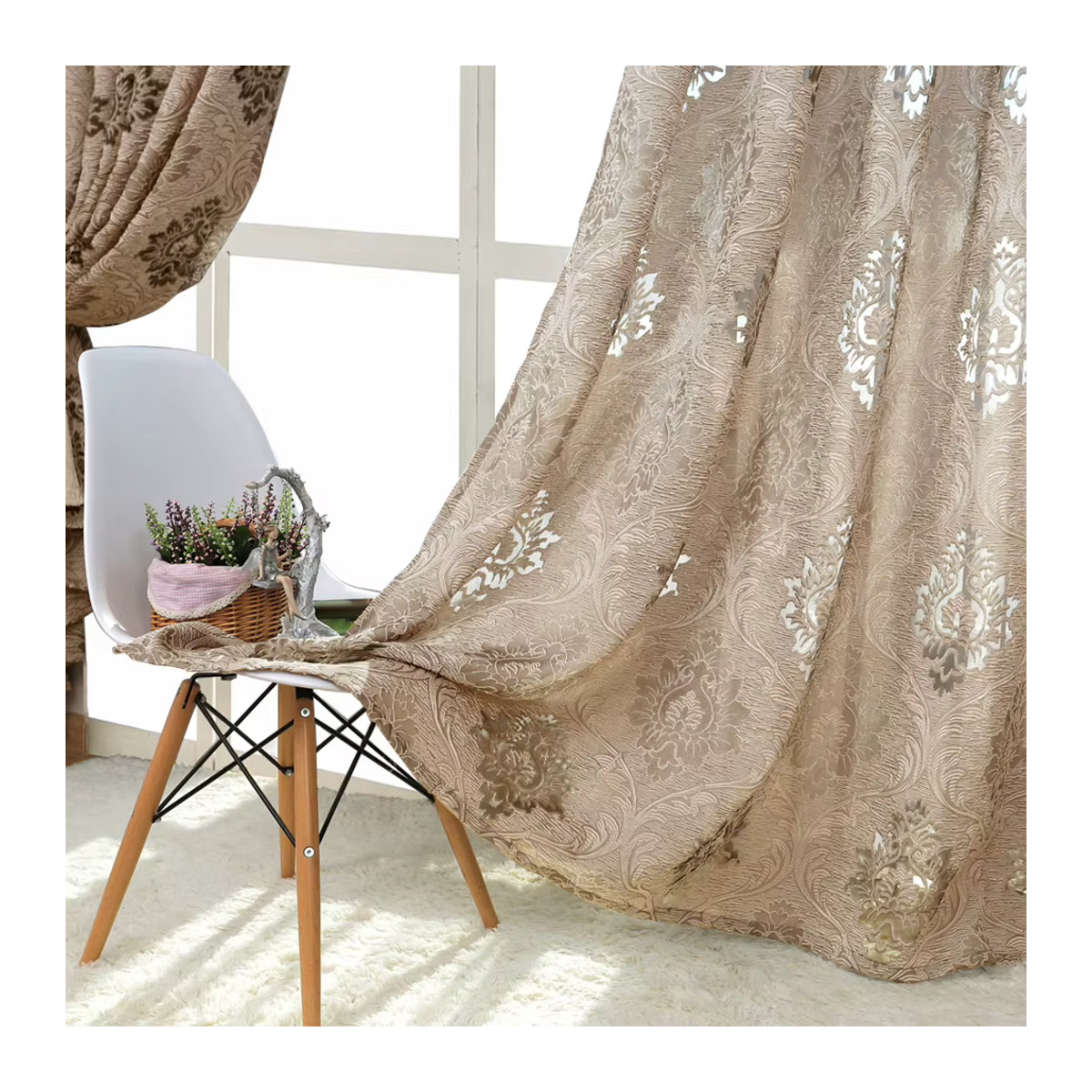 LEEJOOM Blumen-Jacquard-Vorhang in Braun im europäischen Stil für Wohnzimmer und Balkon - Bild 2