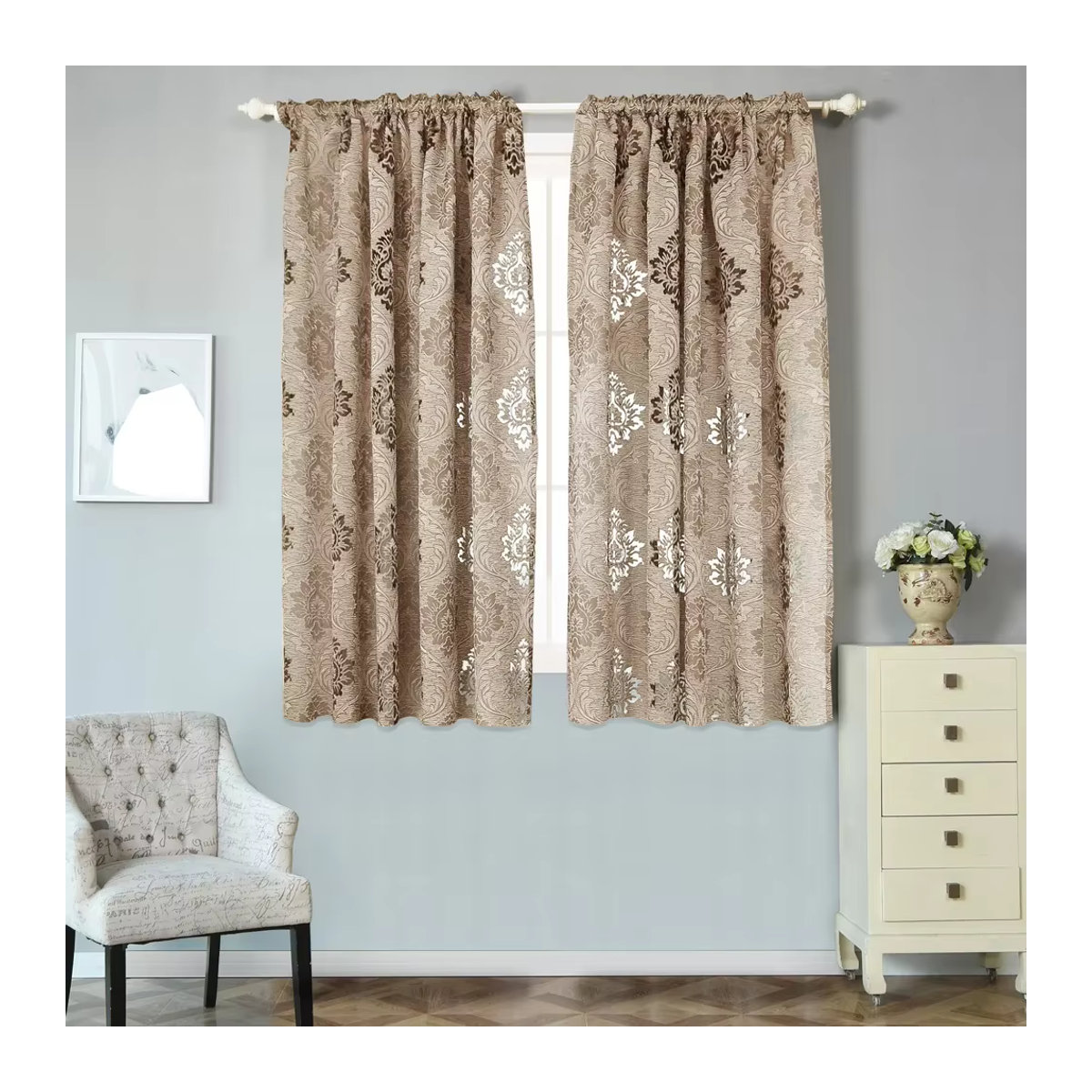 LEEJOOM Blumen-Jacquard-Vorhang in Braun im europäischen Stil für Wohnzimmer und Balkon - Bild 3