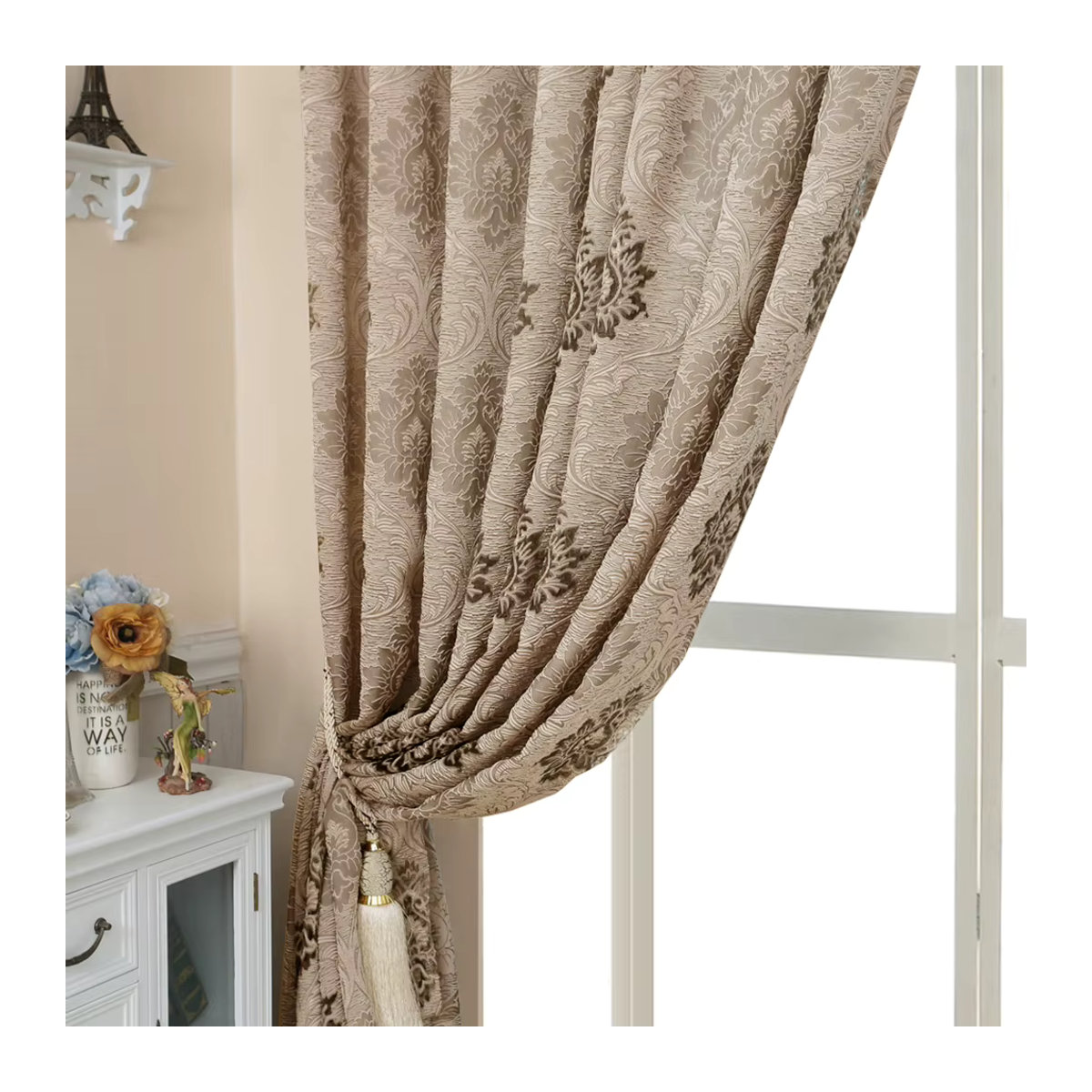 LEEJOOM Blumen-Jacquard-Vorhang in Braun im europäischen Stil für Wohnzimmer und Balkon - Bild 4