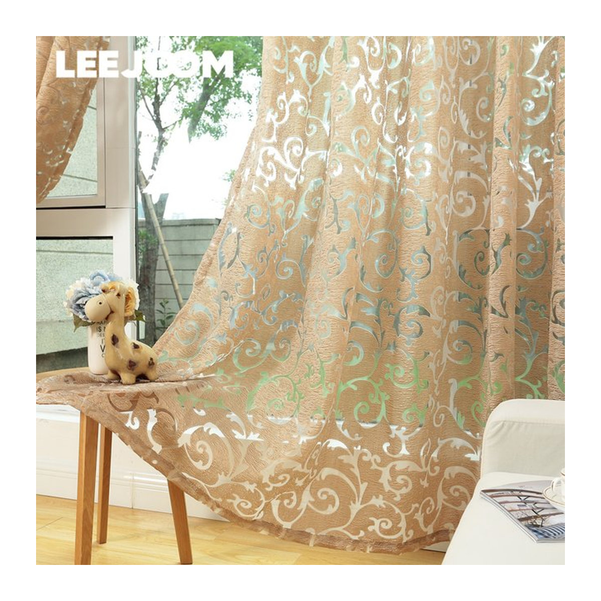 LEEJOOM Jacquard-Tüllvorhang mit Blumenmuster im Retro-Stil, Creme/Beige, 1 Stück - Bild 1