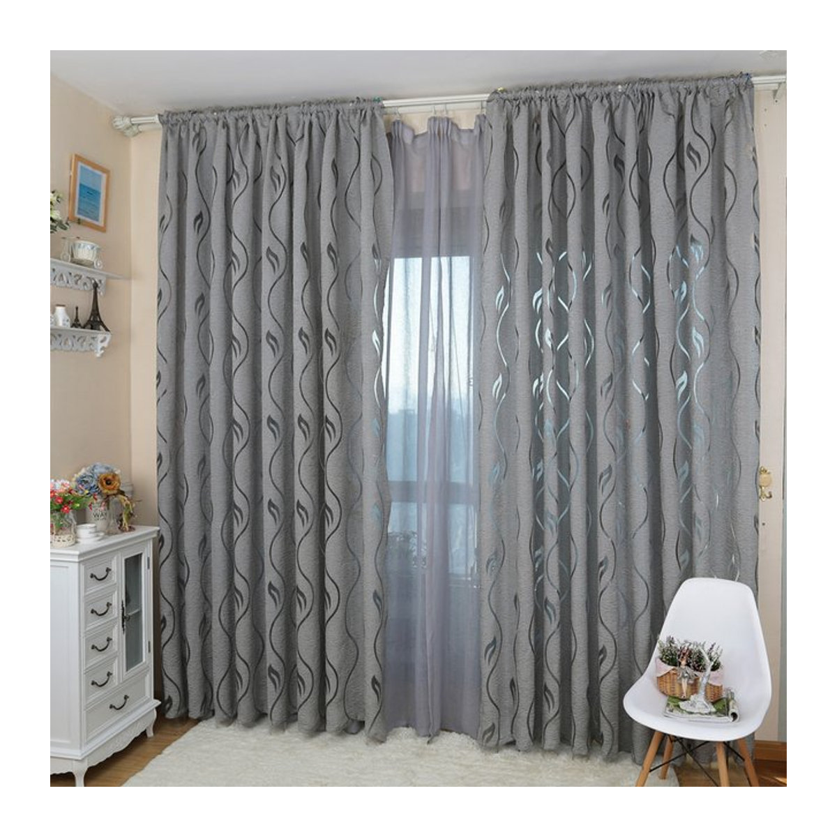 LEEJOOM Jacquard-Vorhang in Grau mit Blatt-Design aus Gaze-Stoff für dein Wohnzimmer - Bild 1