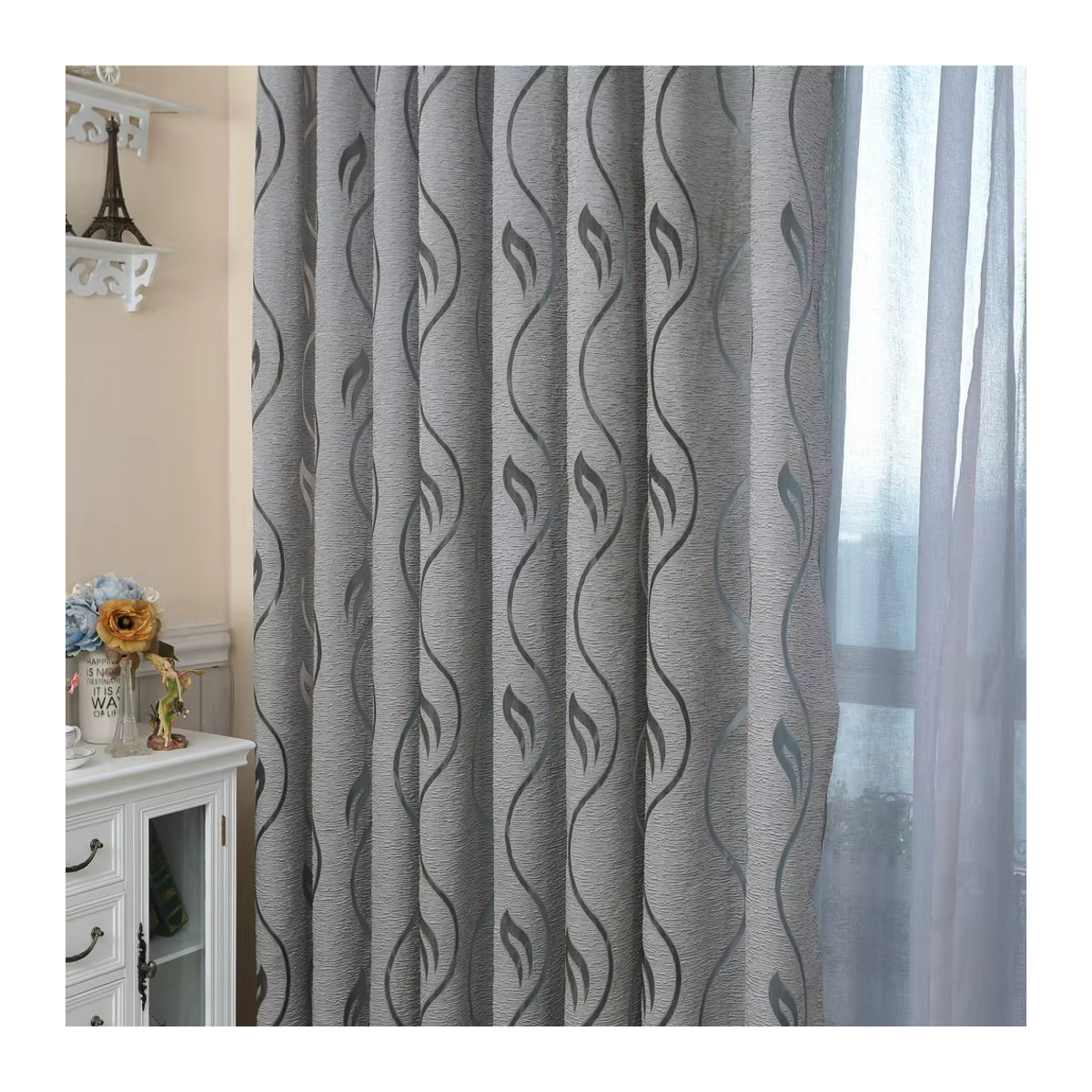 LEEJOOM Jacquard-Vorhang in Grau mit Blatt-Design aus Gaze-Stoff für dein Wohnzimmer - Bild 3