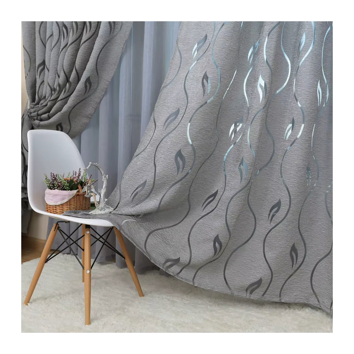 LEEJOOM Jacquard-Vorhang in Grau mit Blatt-Design aus Gaze-Stoff für dein Wohnzimmer - Bild 4