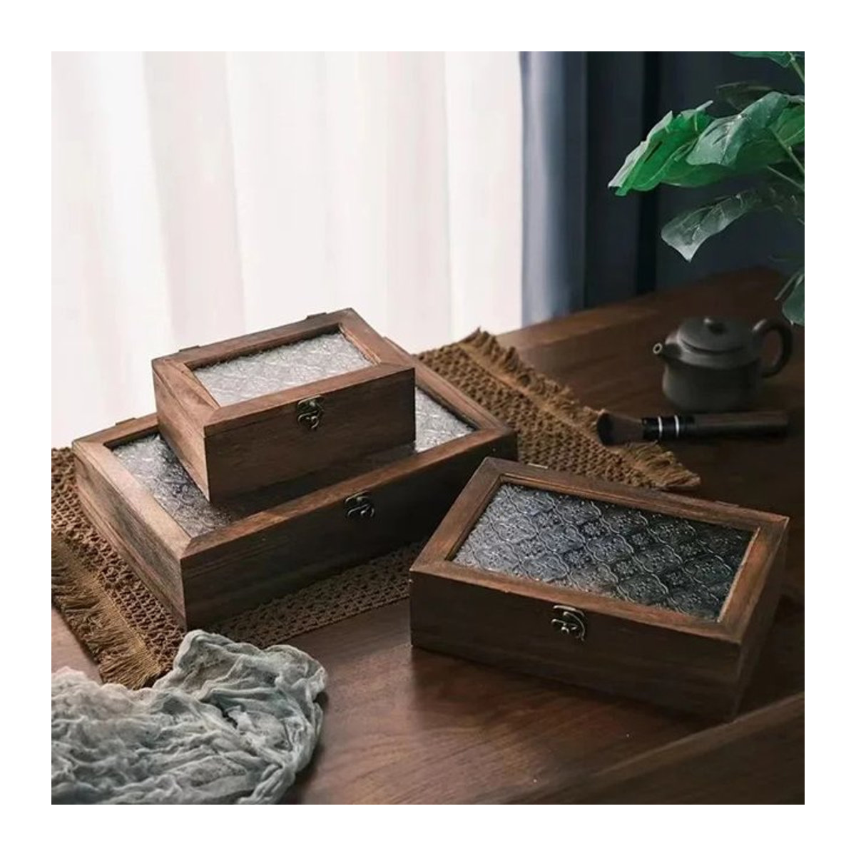 LEENKEA Aufbewahrungsbox aus Glas und Holz in Braun mit floralem Design im Retro-Stil - Bild 1