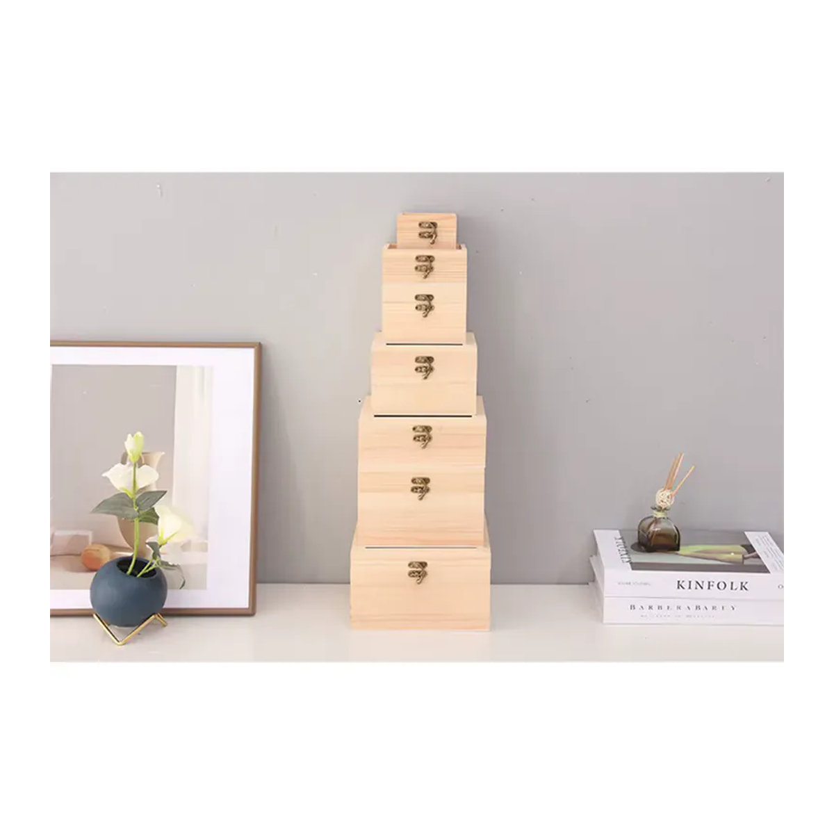 LEENKEA Quadratische Aufbewahrungsbox aus Holz in Beige mit Scharnier als Schmuckschatulle und Desktop-Organizer - Bild 2