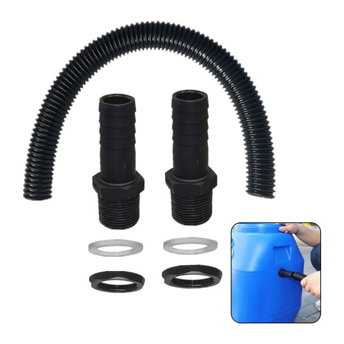 LEENKEA Regenwasser-Regenfass-Verbindungskit mit 25mm Stecker für Schlauchanschluss und Rohrverlängerung in Schwarz - Bild 1