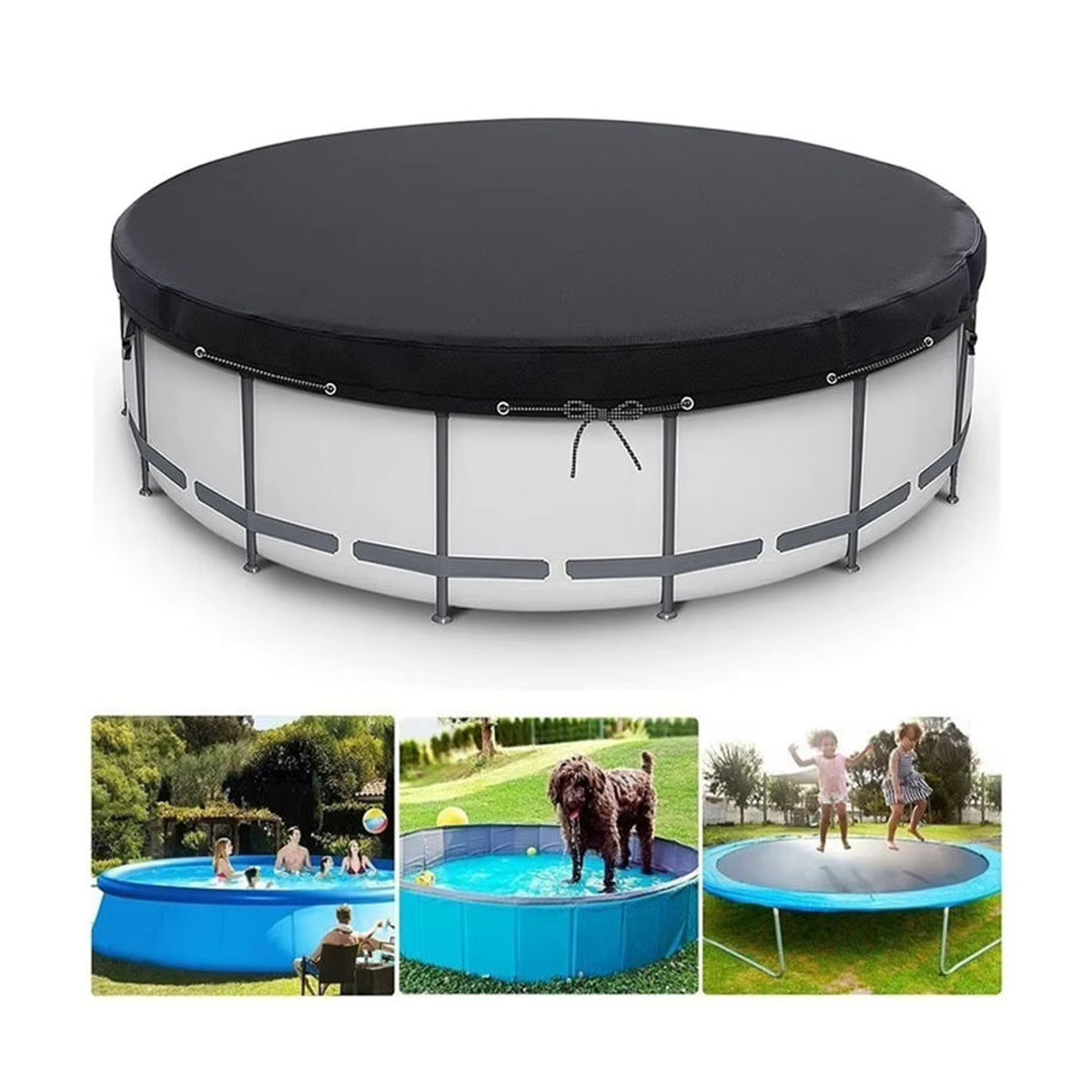 LEENKEA Runde Poolabdeckung, wasserdicht und strapazierfähig, inklusive Erdnägeln und windfesten Seilen für Aufstellpools - Bild 3