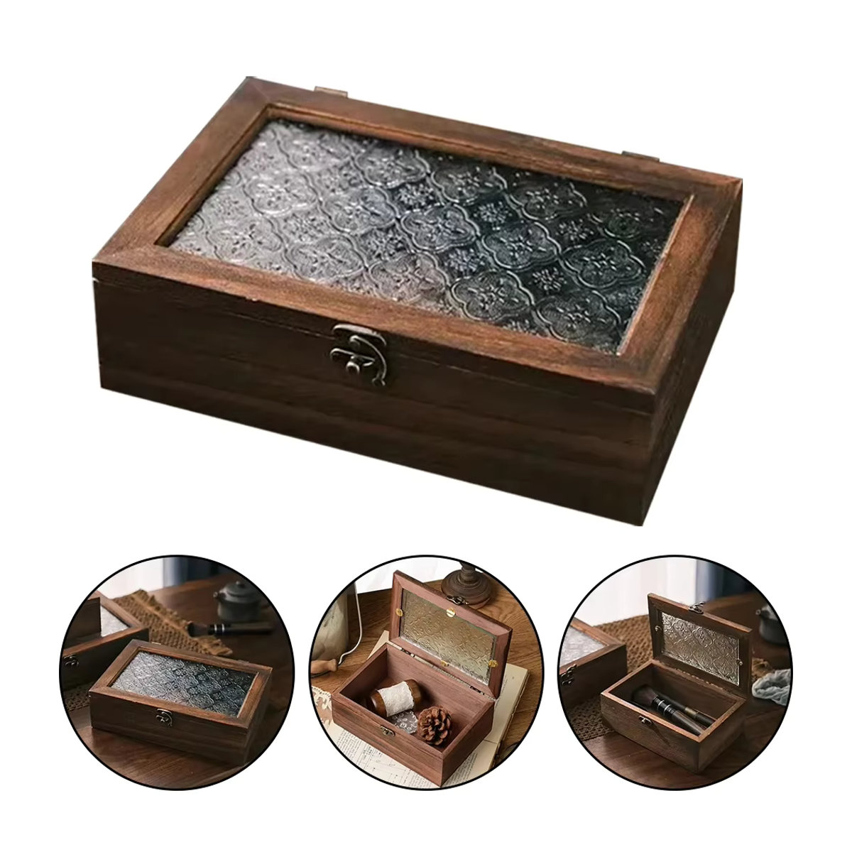 LEENKEA Schmuckbox aus Holz und Glas in Braun mit floralem Design im Retro-Stil - Bild 2
