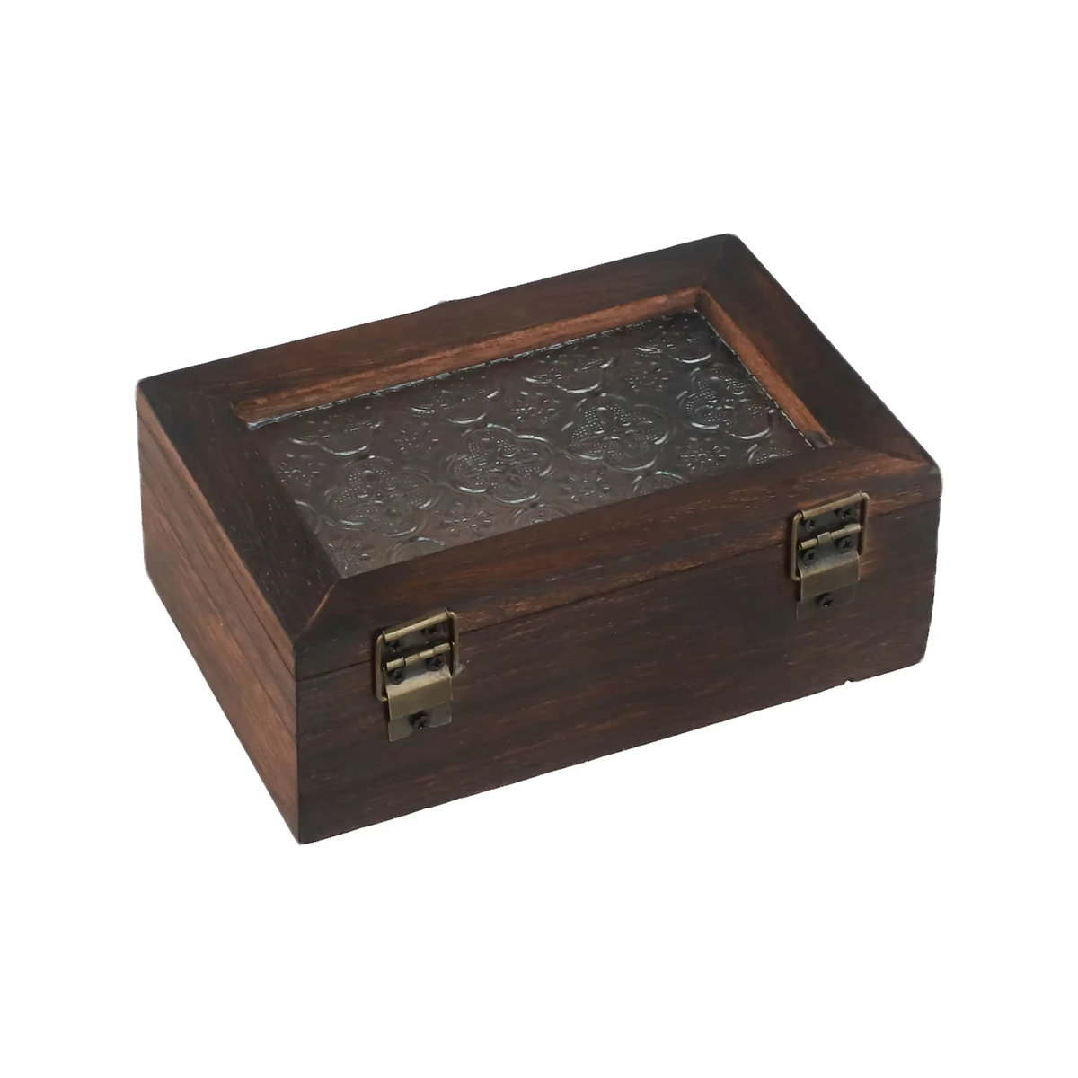 LEENKEA Schmuckbox aus Holz und Glas in Braun mit floralem Design im Retro-Stil - Bild 4