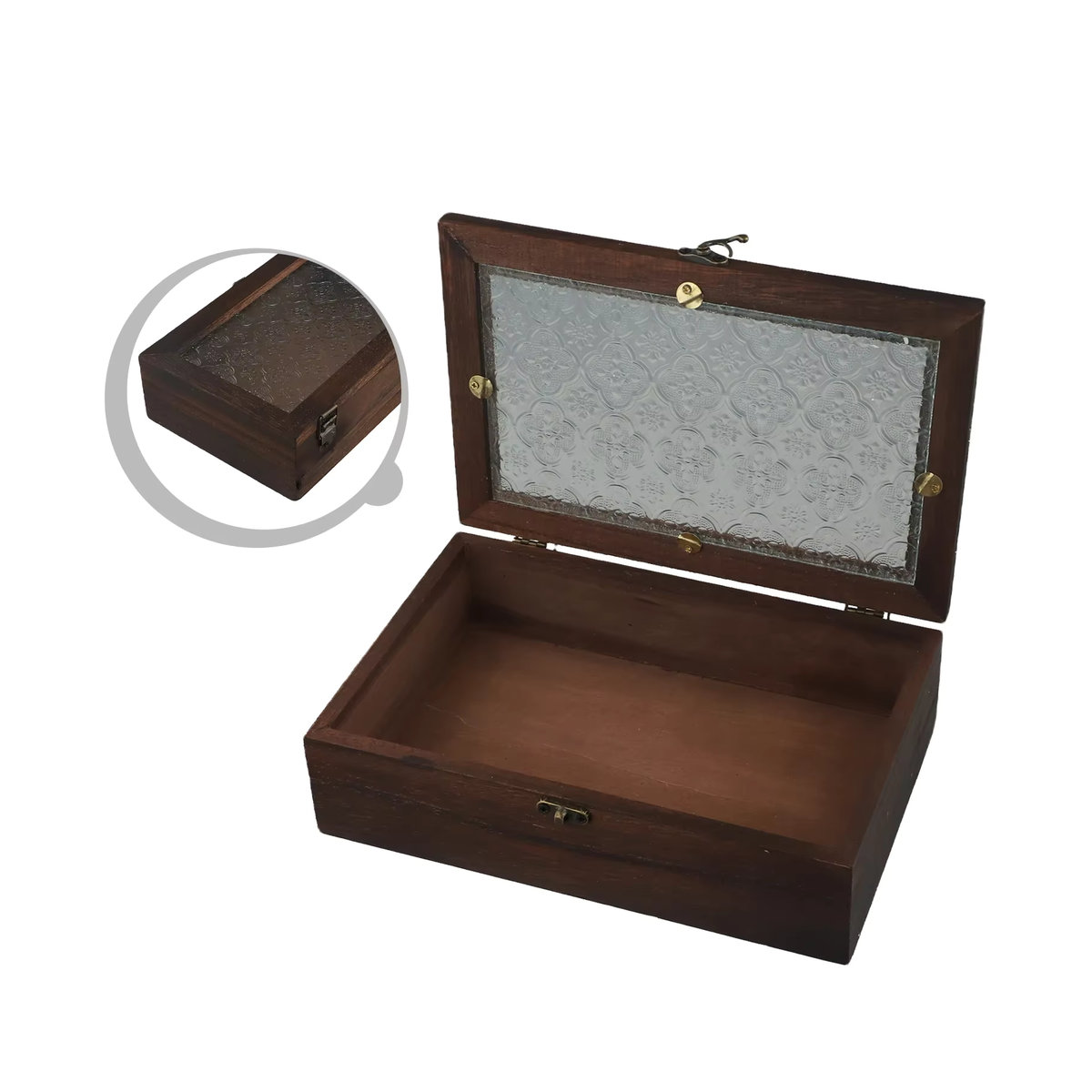 LEENKEA Schmuckbox aus Holz und Glas in Braun mit floralem Design im Retro-Stil - Bild 6