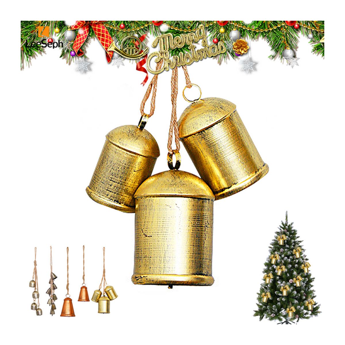 Leeseph Weihnachts Hängeornament aus Metall in Gold mit Glocken und Schnur - Bild 1