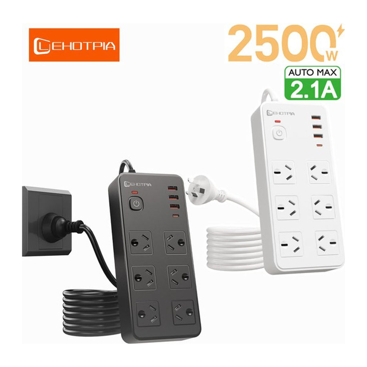 Lehotpia Steckdosenleiste mit USB Typ-C Ports und Netzwerkfilter, 2500 W, 1,8 m Verlängerungskabel, Schwarz/Weiß, minimalistisches Design - Bild 1