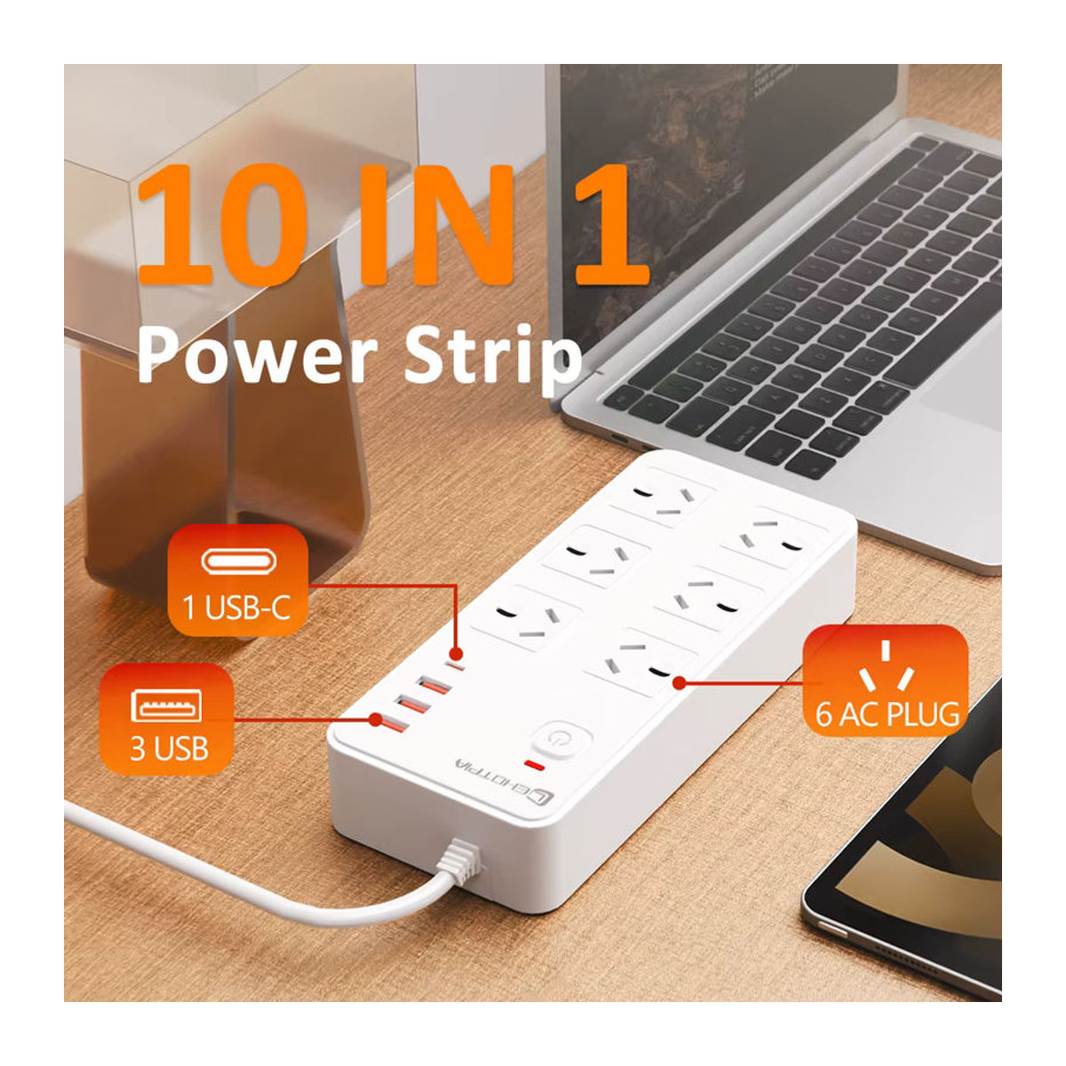 Lehotpia Steckdosenleiste mit USB Typ-C Ports und Netzwerkfilter, 2500 W, 1,8 m Verlängerungskabel, Schwarz/Weiß, minimalistisches Design - Bild 2