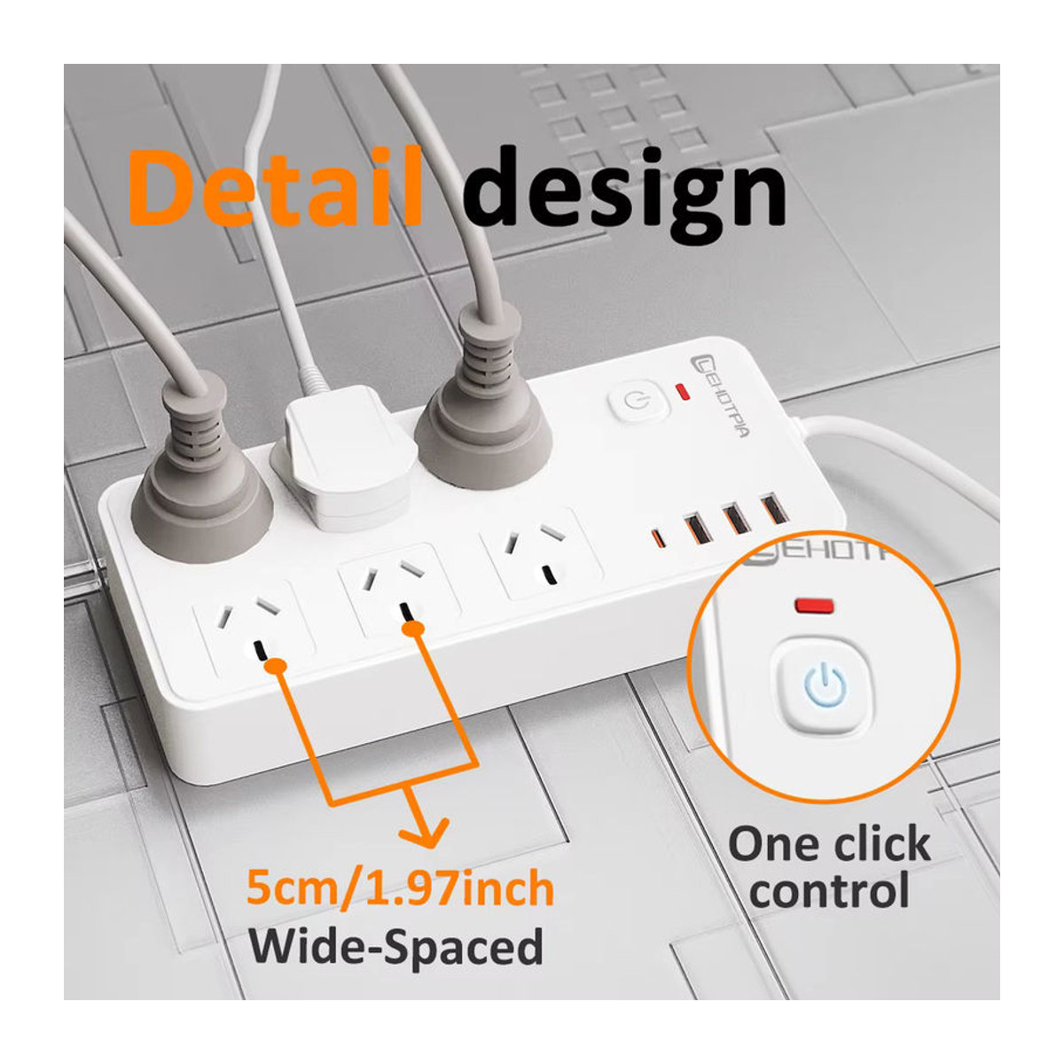 Lehotpia Steckdosenleiste mit USB Typ-C Ports und Netzwerkfilter, 2500 W, 1,8 m Verlängerungskabel, Schwarz/Weiß, minimalistisches Design - Bild 3