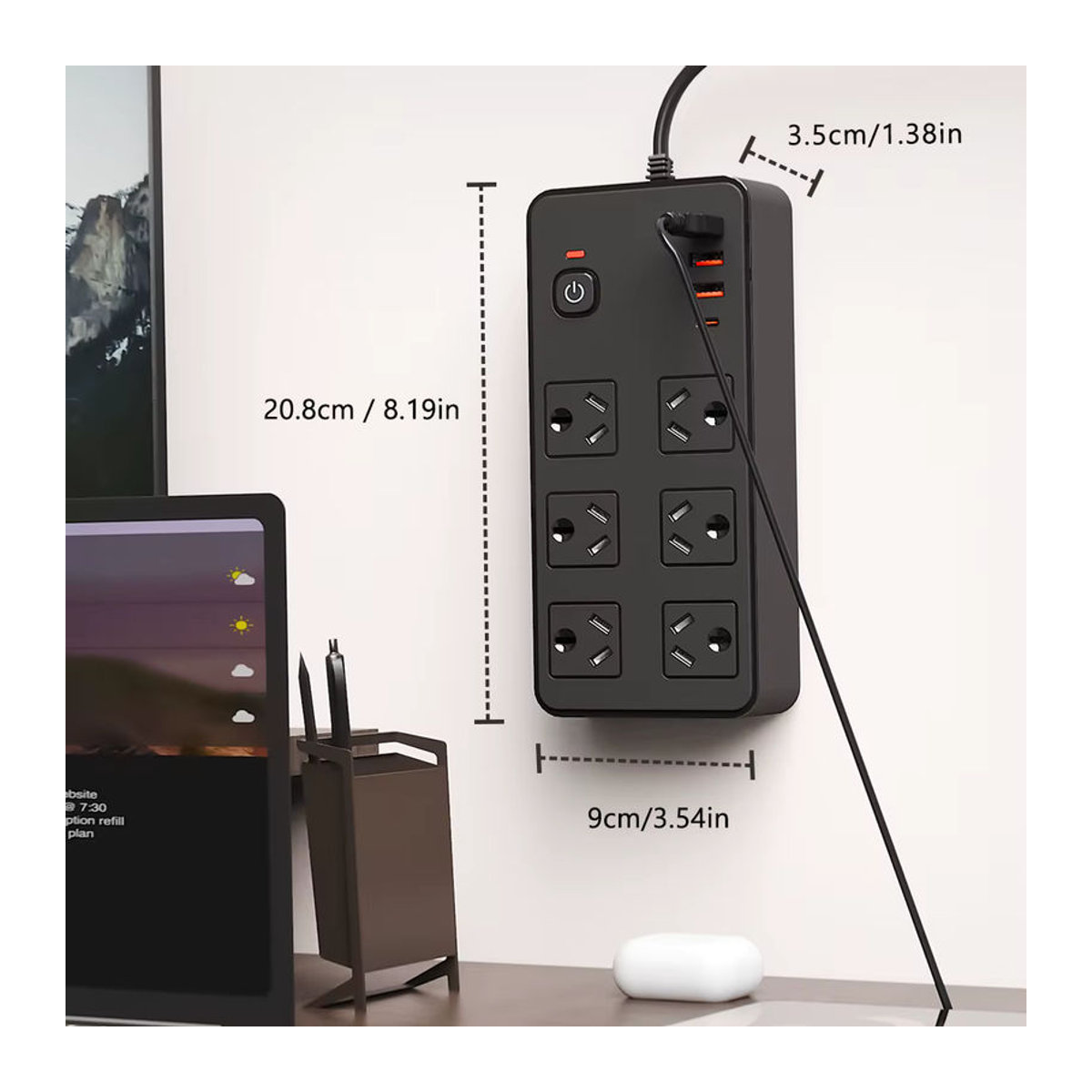 Lehotpia Steckdosenleiste mit USB Typ-C Ports und Netzwerkfilter, 2500 W, 1,8 m Verlängerungskabel, Schwarz/Weiß, minimalistisches Design - Bild 5